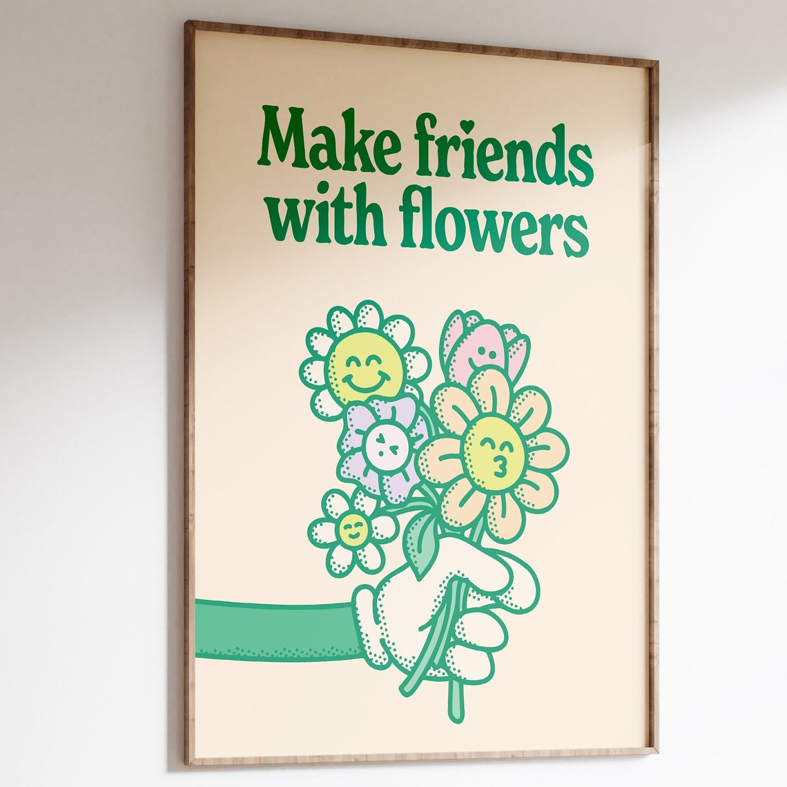Make Friends with Flowers Retro Smiley Daisy Bouquet Wall Art