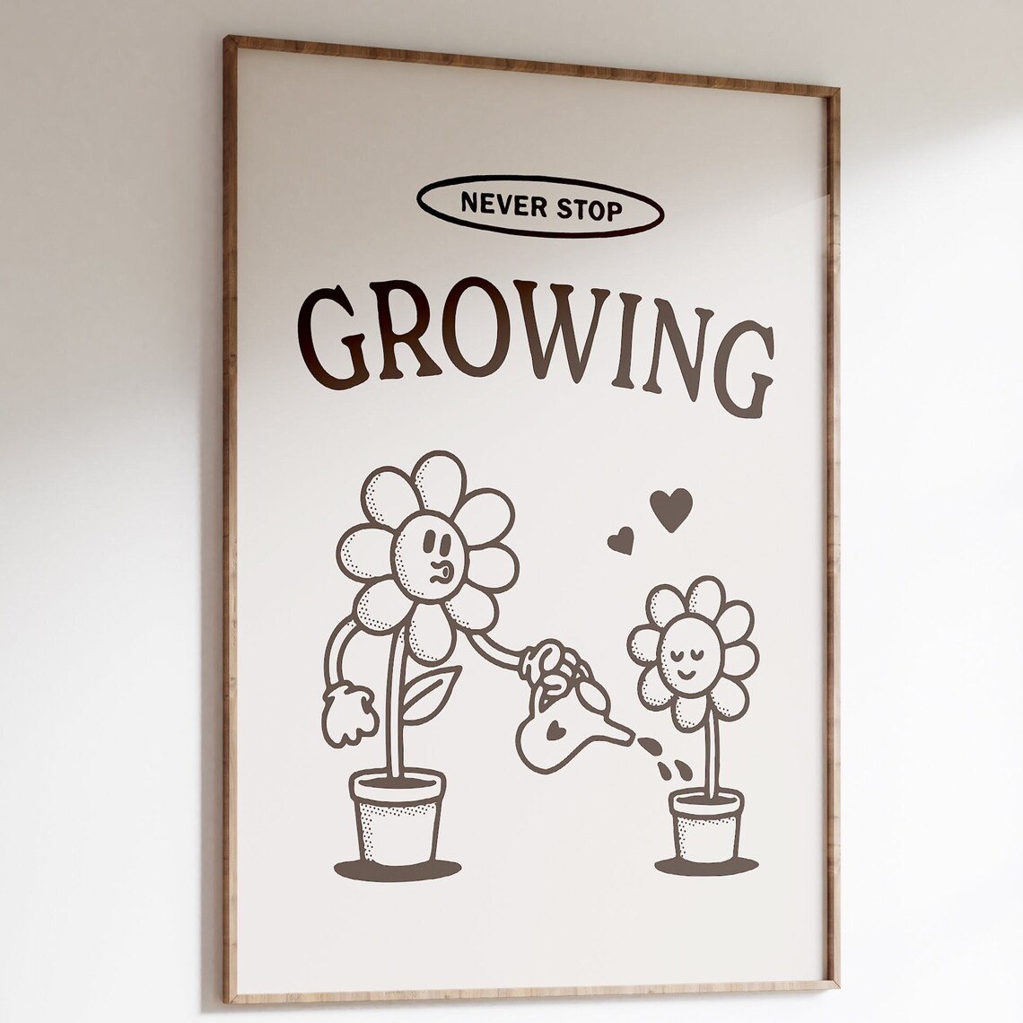 Never Stop Growing Retro Flower Friends Monochrome Quote Poster