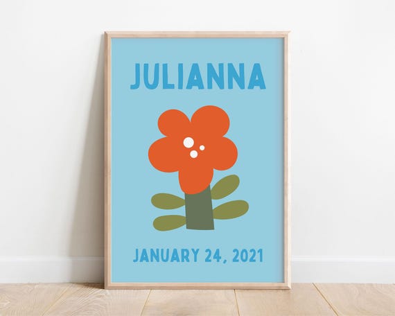 Custom Name Print Kids Wall Art Birthdate Flower Poster Personalized Baby Gift Colorful Toddler Playroom Gender Neutral Nursery Decor