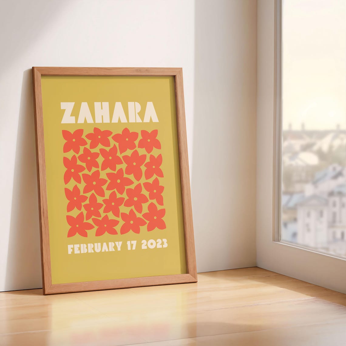Zahara Personalized Name Birthdate Mustard Floral Nursery Poster - Image 2