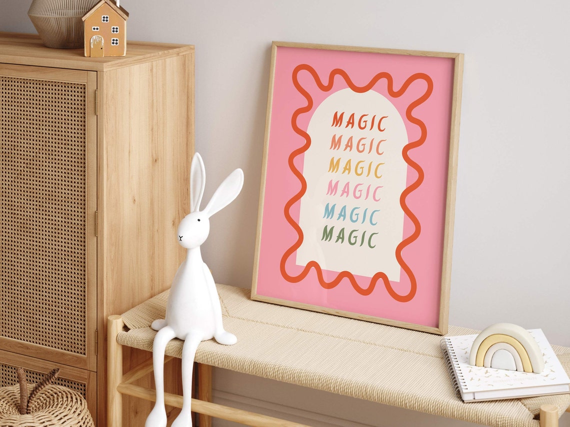 Magic Repeated Rainbow Letters Pink Wavy Frame Kids Room Poster - Image 2