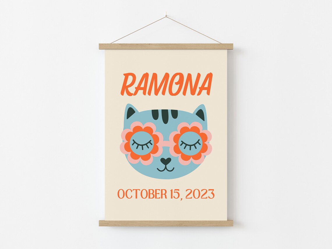 Custom Kids Name Art, Retro Blue Cat Poster - Image 2