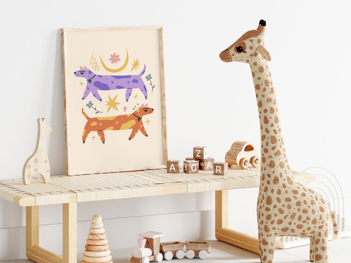 Two Playful Dogs Moon Stars Celestial Kids Room Decor Wall Art - Image 2