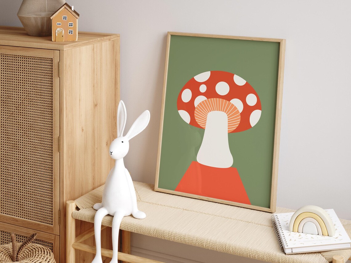 Red Spotted Mushroom Poster with Retro Sage Green Woodland Art