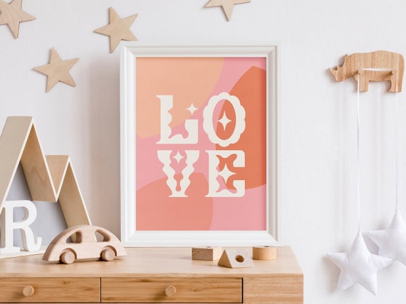 Groovy Kids Poster Retro Pink Love Print Toddler Playroom Art Boho Modern Nursery Decor Bold Wavy Font Big Funky Letters