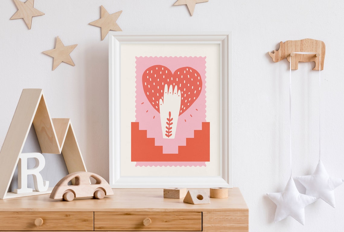 Scandi Heart in Hand Kids Poster with Red and Pink Folk Art Style - Image 5