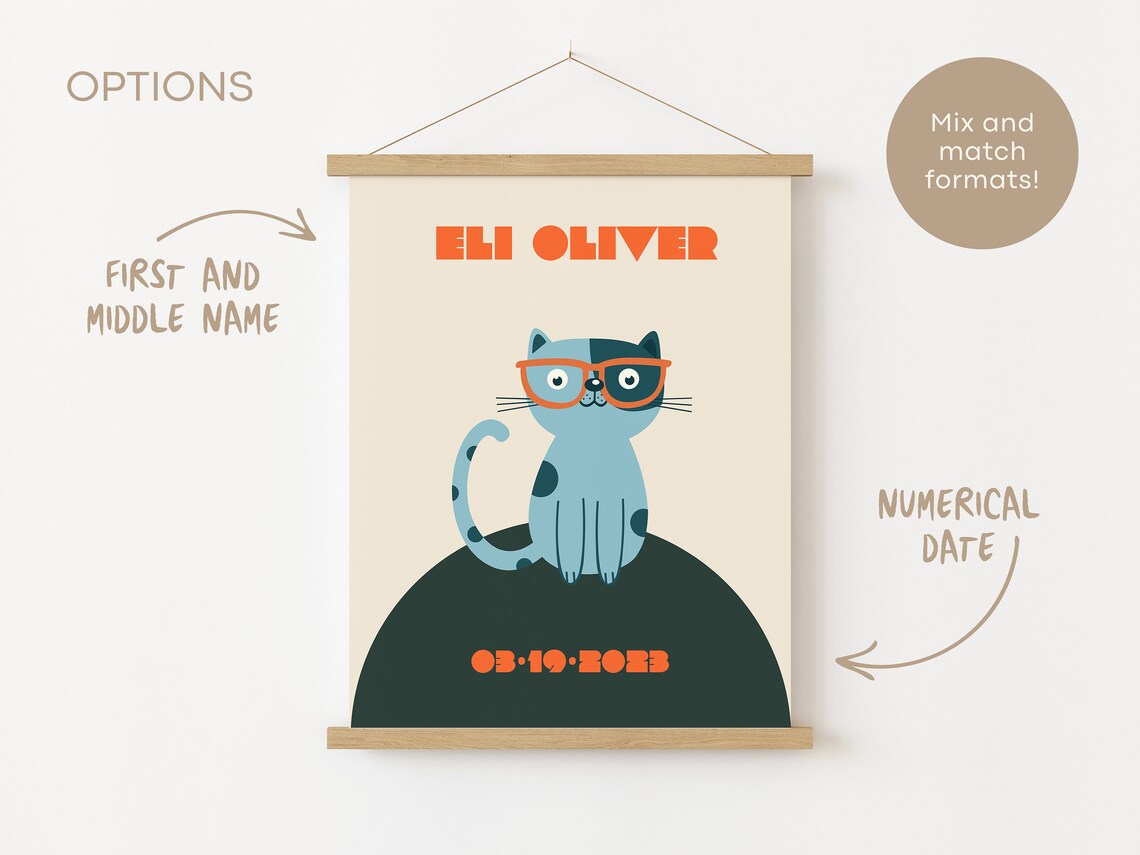 Custom Kids Name Cat Illustration, Nursery Art Print - Image 4