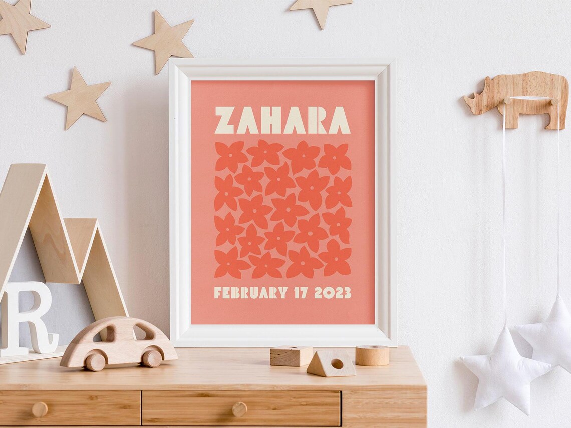 Zahara Personalized Name Birthdate Coral Floral Nursery Poster - Image 3