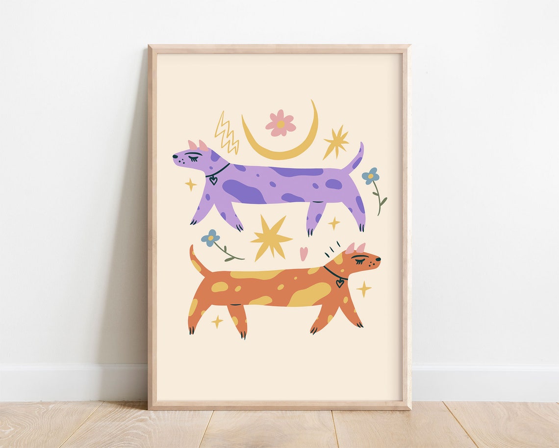 Two Playful Dogs Moon Stars Celestial Kids Room Decor Wall Art