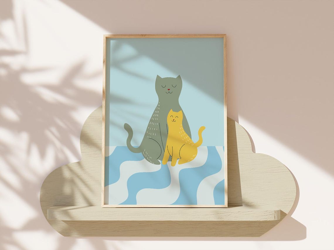Two Cute Cats On Wavy Blue Retro Style Kids Nursery Decor Wall Art - Image 4