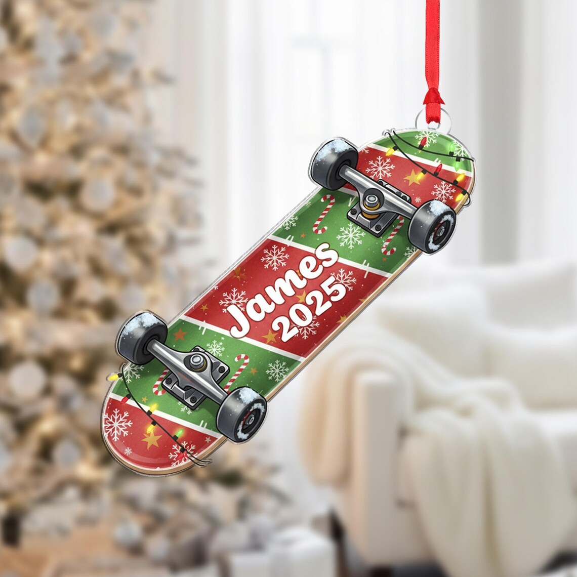 Personalized Skateboard Christmas Ornament Candy Cane Lights Festive Gift Poster