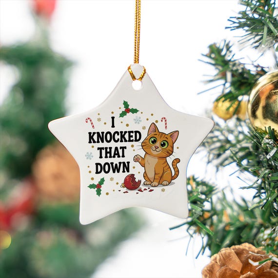 Ceramic Star Ornament Funny Cat Illustration With Holiday Design And Quote