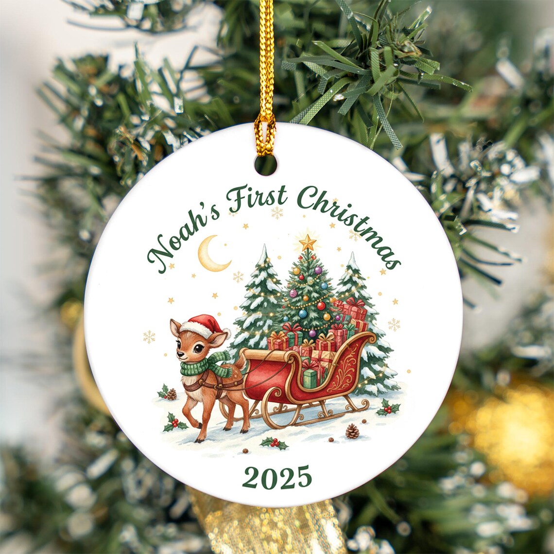 Personalized Baby First Christmas 2025 Reindeer Sleigh Name Ornament Holiday Print