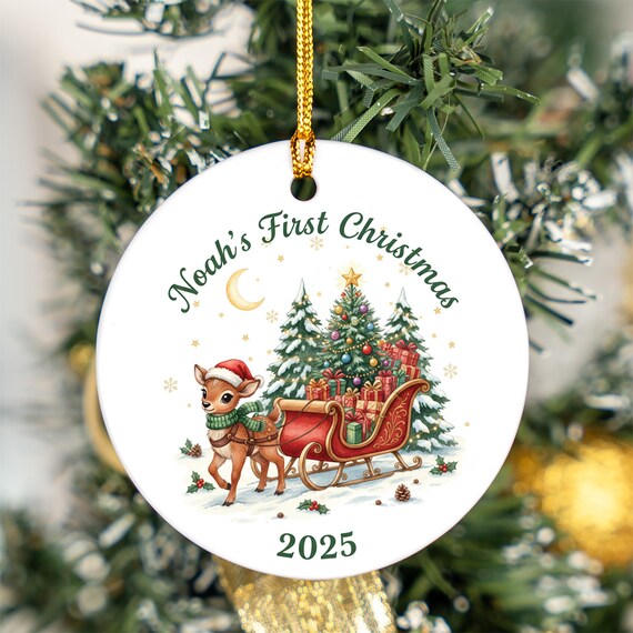 Personalized Baby First Christmas 2025 Reindeer Sleigh Name Ornament Holiday Print
