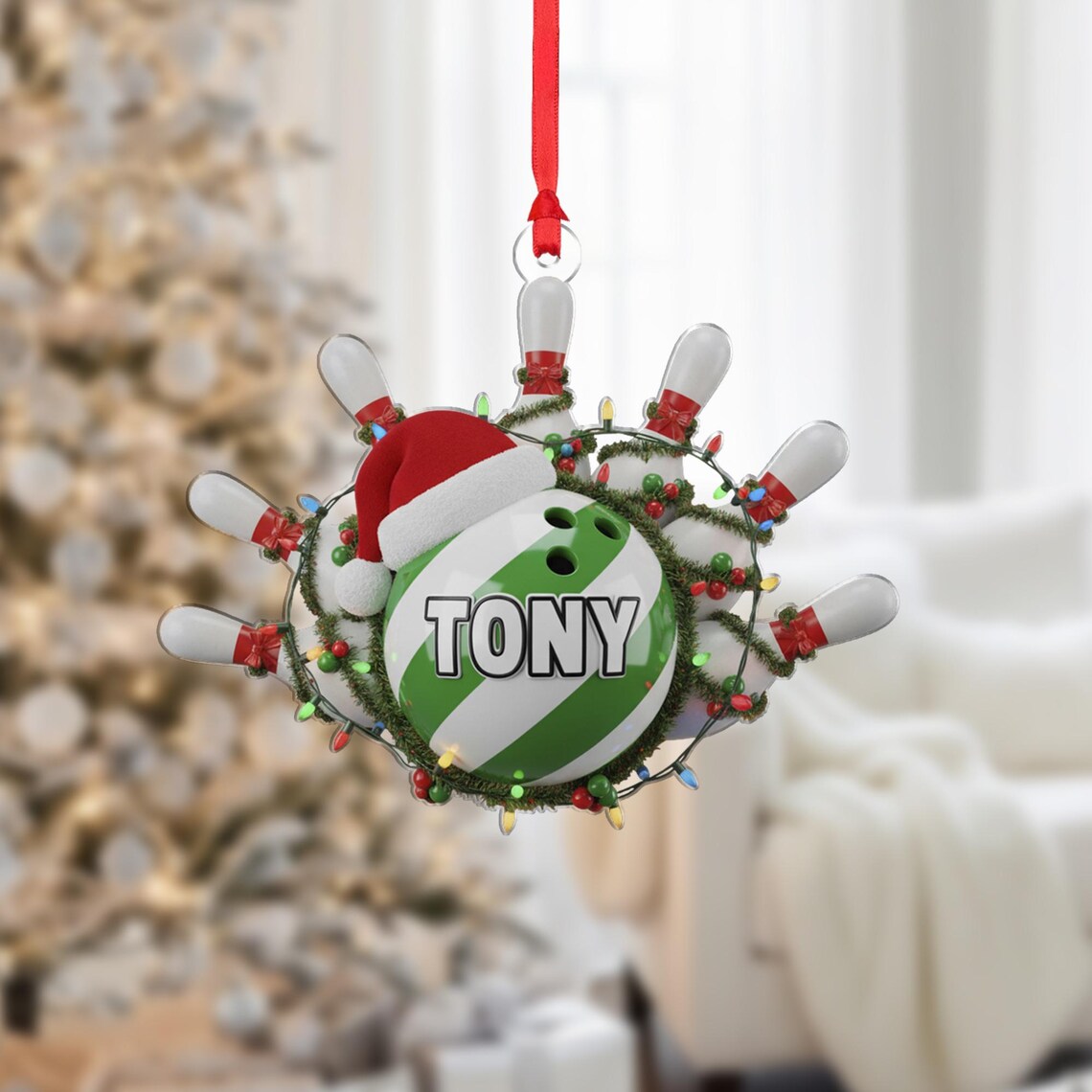Personalized Bowling Ornament Green Stripe Ball Pins Santa Hat Gift Poster