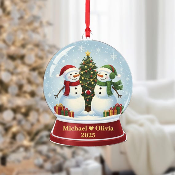 Personalized Couple Ornament Snowman Snow Globe Design With Names And Year