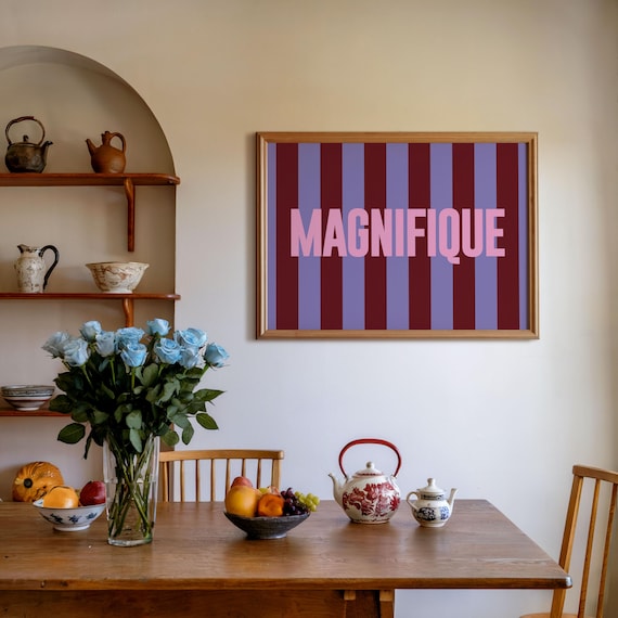 Magnifique Bold Pink Lettering On Striped Background French Wall Art