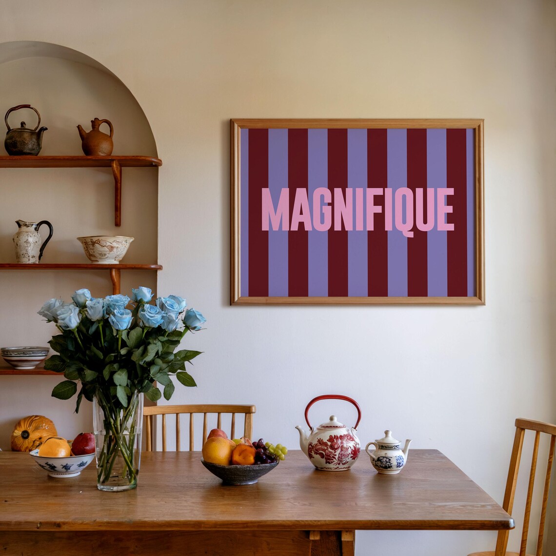 Magnifique Bold Pink Lettering On Striped Background French Wall Art
