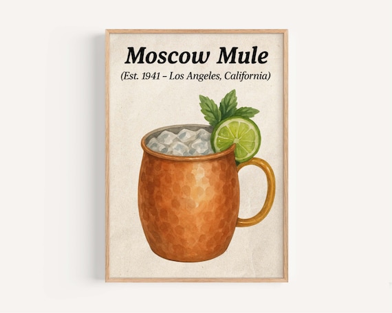 Moscow Mule Copper Mug Vintage Cocktail Bar Lime Mint Drink Poster