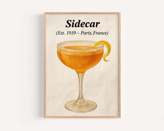 Sidecar 1919 Paris France Cocktail Recipe Vintage Bar Art Poster