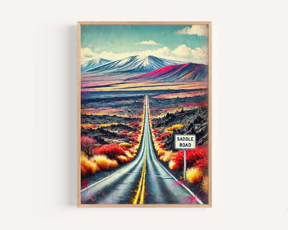Saddle Road Print Big Island Hawaii Wall Art Hilo Travel Poster Gift Housewarming Decor Tropical Landscape Illustration