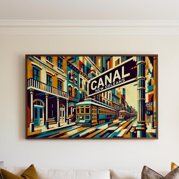 Canal Street New Orleans Vintage Streetcar Art Deco Travel Poster