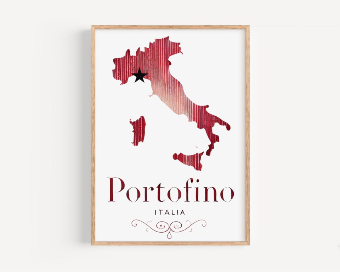 Portofino Italia Burgundy Watercolor Italy Map Silhouette Poster
