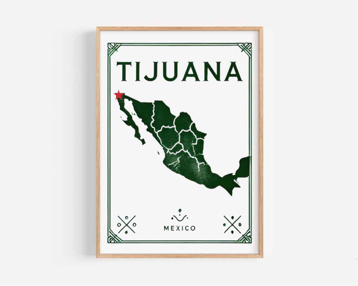 Vintage Tijuana Mexico Map Poster With Red Star on Baja Border