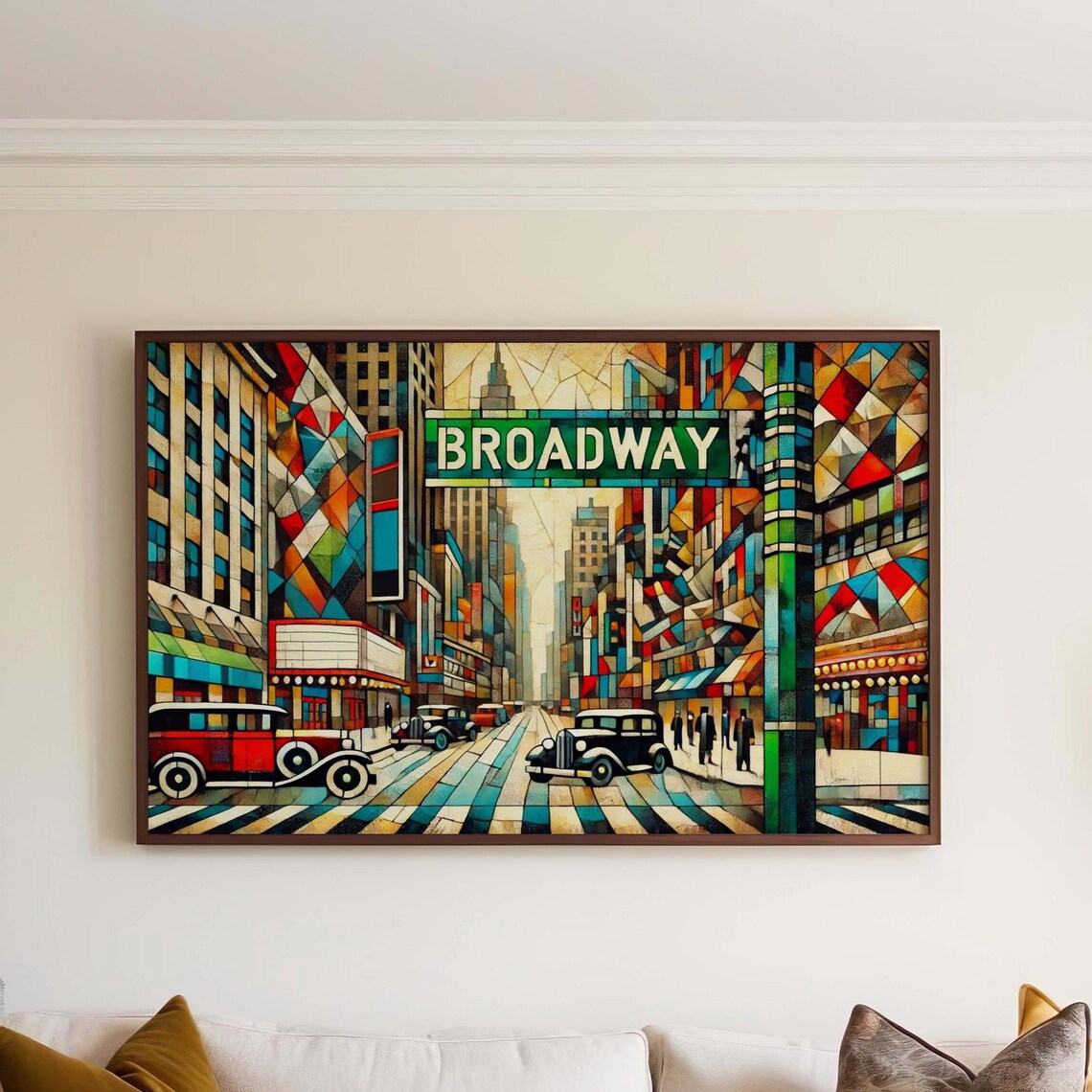 Broadway New York City Cubism Street Scene Poster Vintage Cars Theater