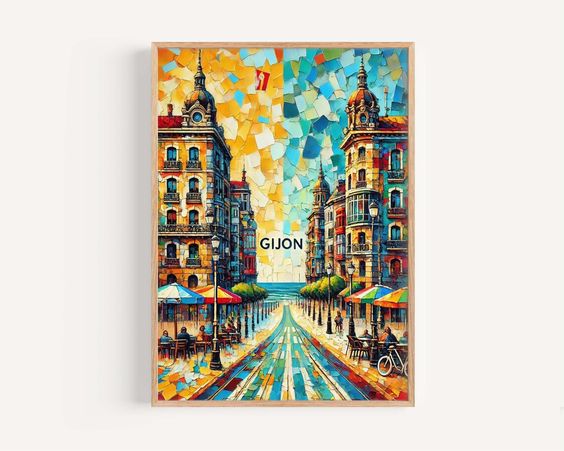 Gijon Spain Colorful Mosaic Street Leading To The Beach Travel Poster