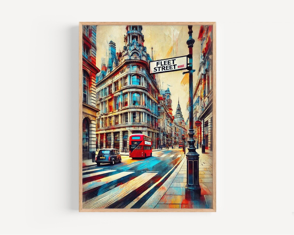 Fleet Street London Poster Red Bus Black Cab City Street Painting