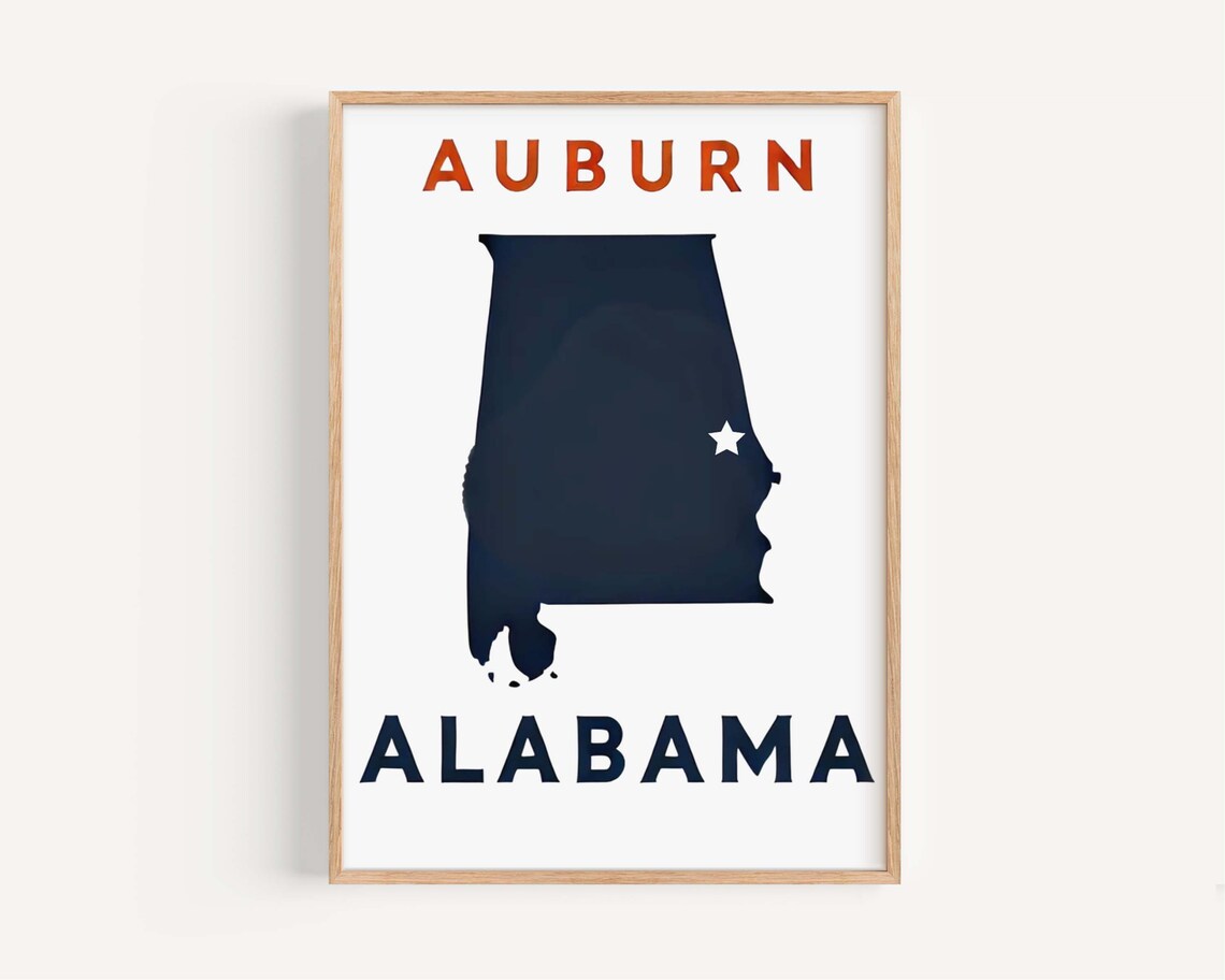 Auburn Alabama Navy State Map Silhouette Burnt Orange Star Poster