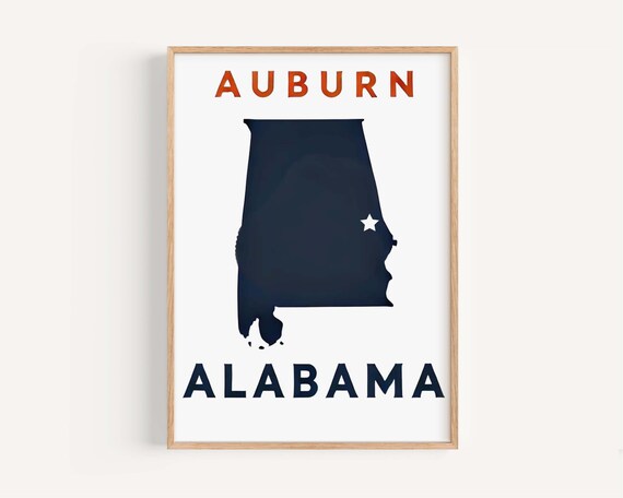 Auburn Alabama Navy State Map Silhouette Burnt Orange Star Poster