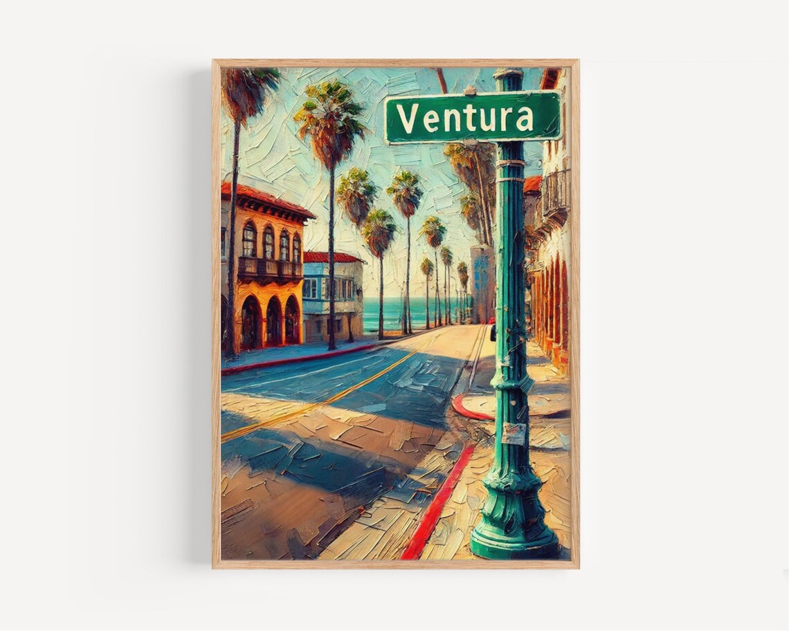 Ventura California Palm Street Impasto Sign Travel Art Poster