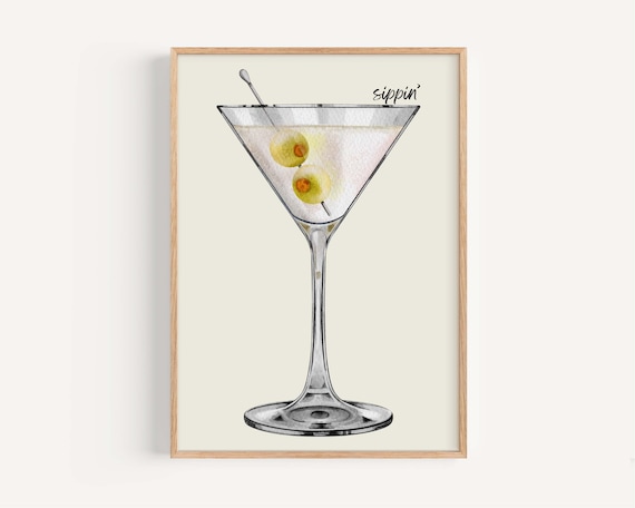 Martini Glass Olive Watercolor Sippin Cocktail Bar Cart Wall Art