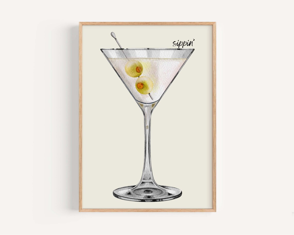Martini Glass Olive Watercolor Sippin Cocktail Bar Cart Wall Art