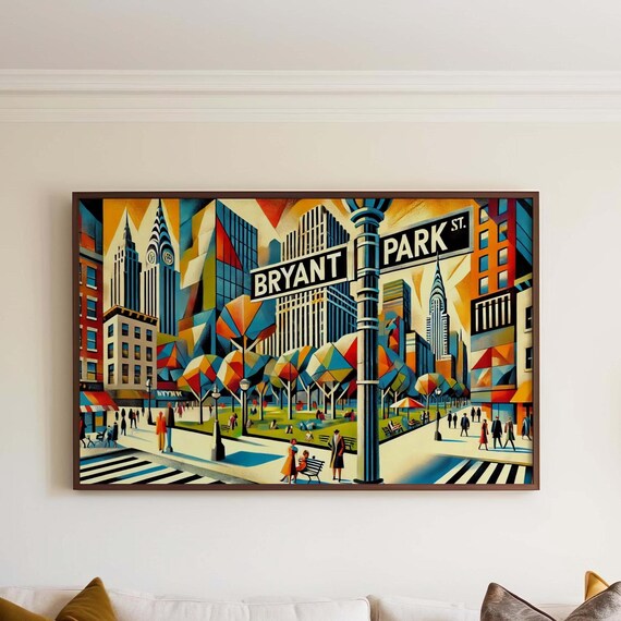 New York Bryant Park Art Deco Skyline Street Sign City Poster