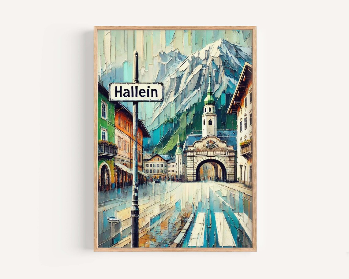 Hallein Austria Alpine Old Town Archway Street Scene Travel Poster