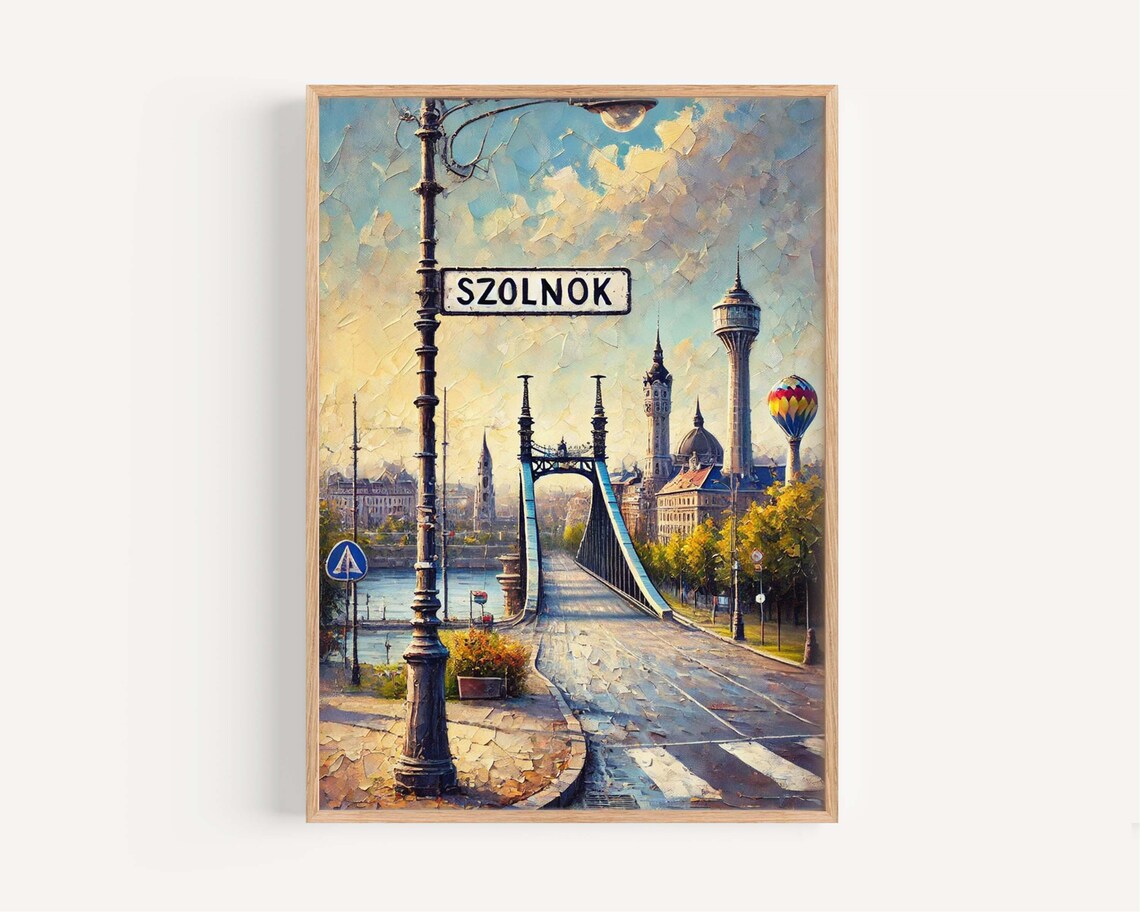 Szolnok Hungary Bridge And Water Tower Street Sign Art Poster