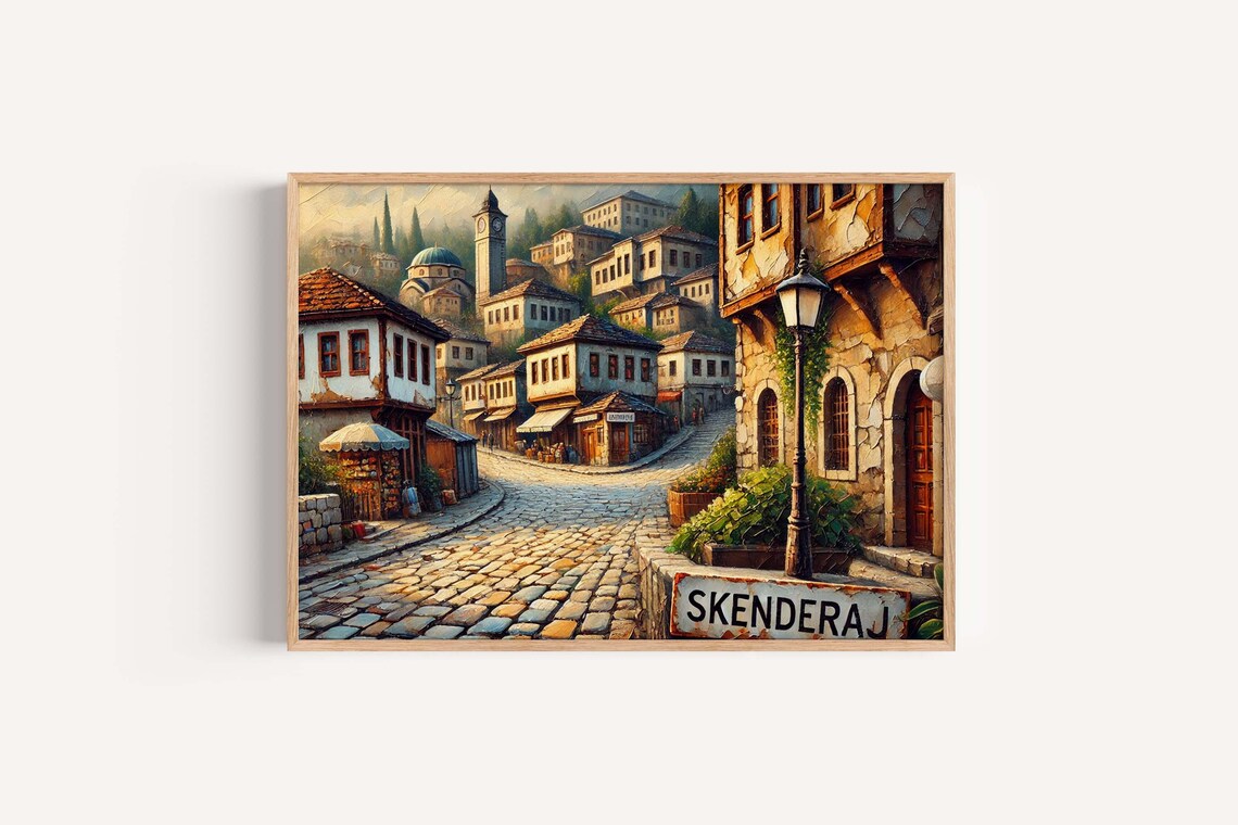 Skenderaj Old Town Stone Street Painting Kosovo Heritage Artwork Poster