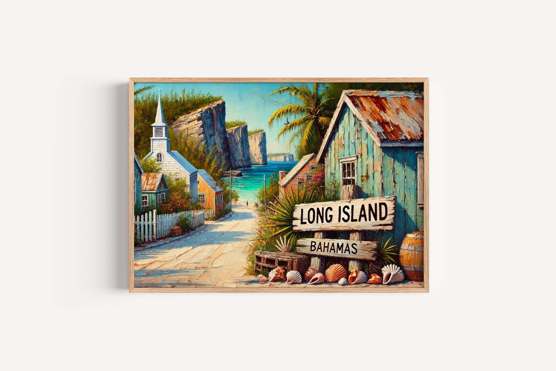 Long Island Bahamas Tropical Poster Coastal Decor Beach Wall Art Caribbean Map Nautical Print Ocean Gift