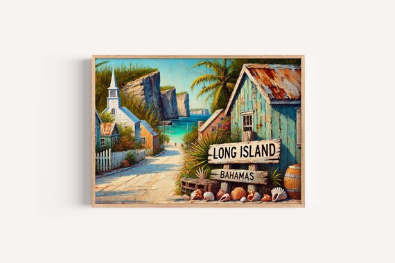 Long Island Bahamas Tropical Poster Coastal Decor Beach Wall Art Caribbean Map Nautical Print Ocean Gift
