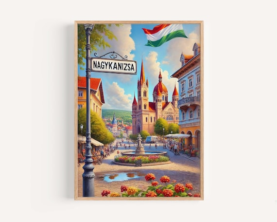 Nagykanizsa Hungary Fountain Flower Square Church Towers Travel Poster