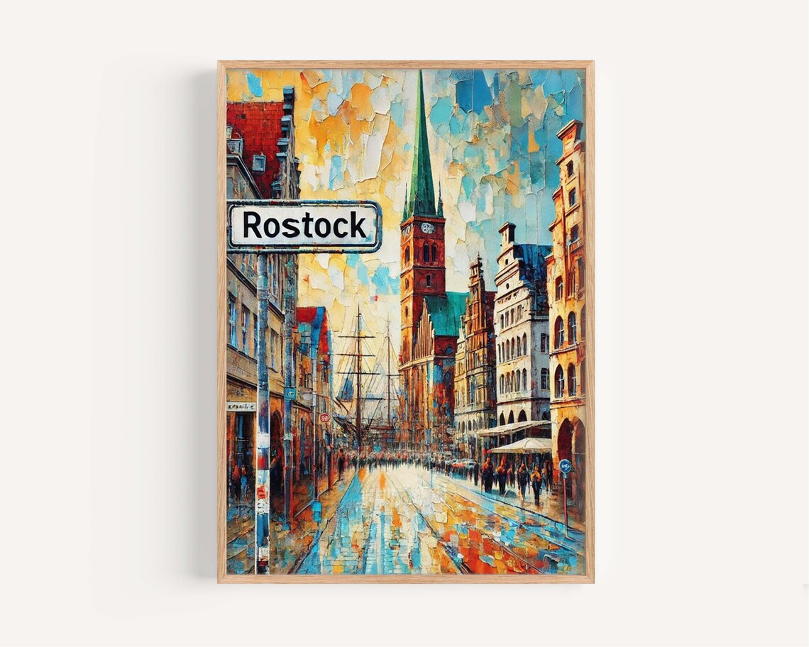 Rostock Germany Colorful Harbor Old Town Painting Street Sign Poster