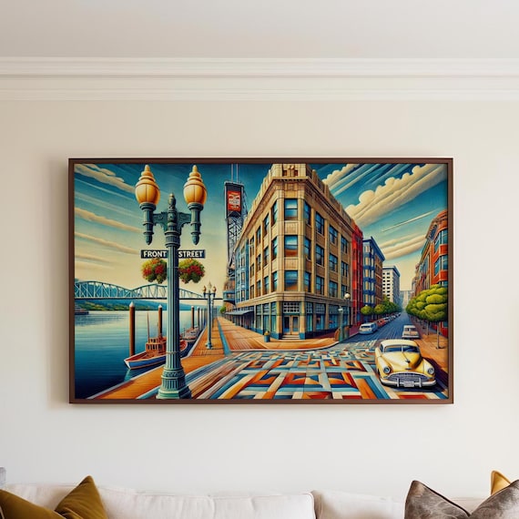 Portland Oregon Front Street Cubism Riverside Cityscape Poster