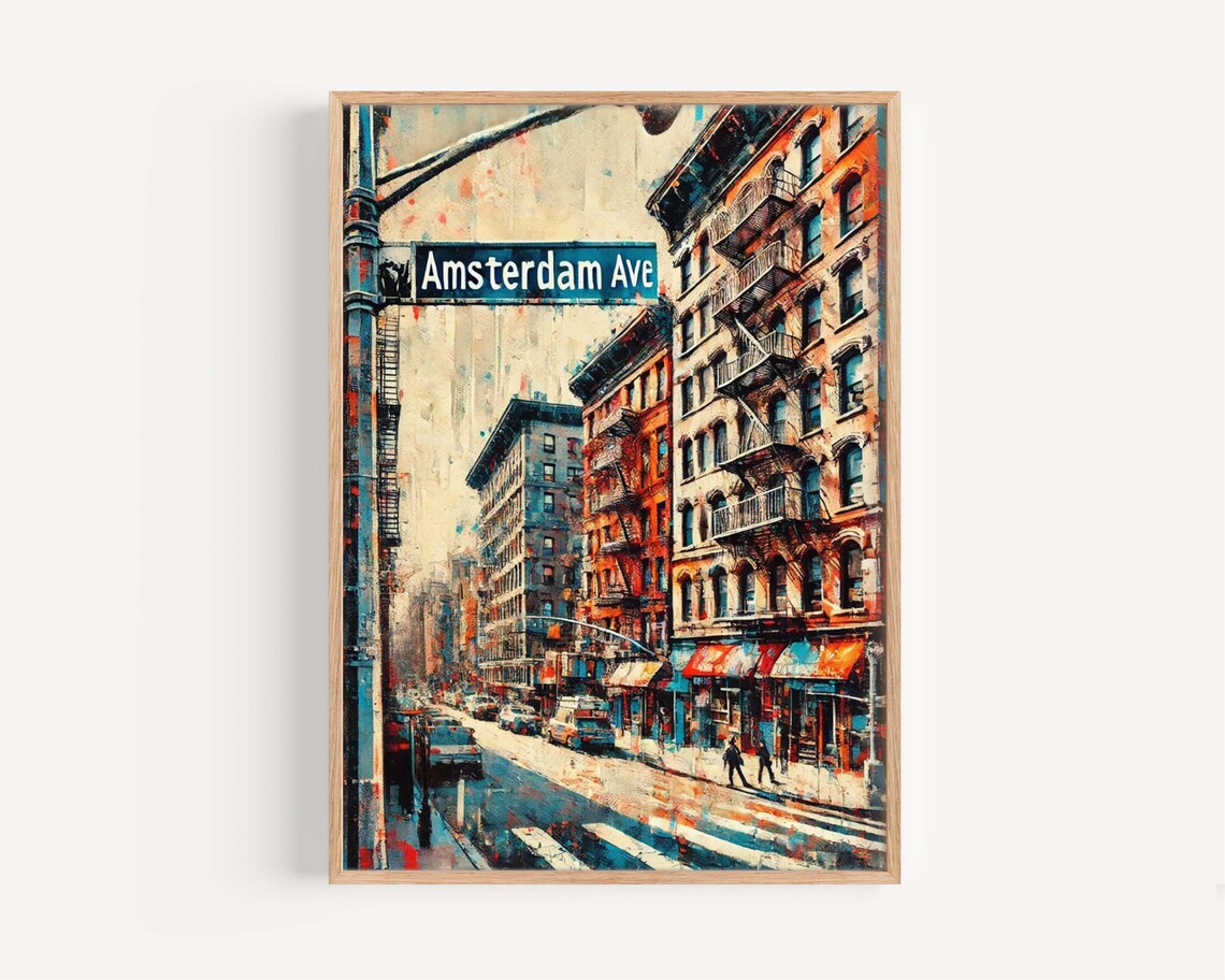 New York Amsterdam Avenue Brownstone Street Scene Painting Poster
