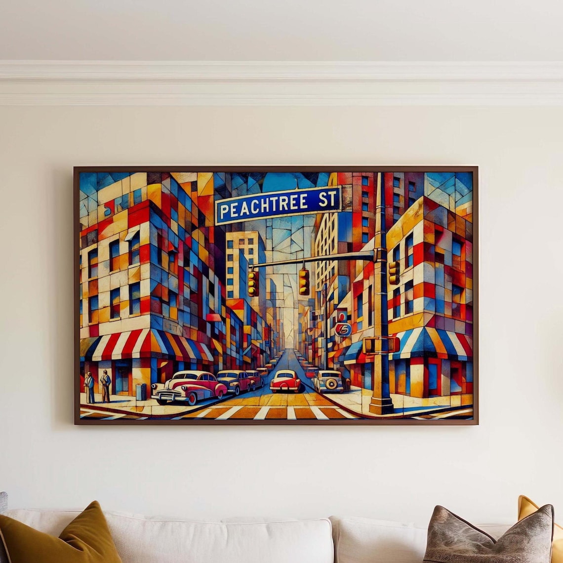 Peachtree Street Atlanta Cubist Cityscape Vintage Cars Art Poster