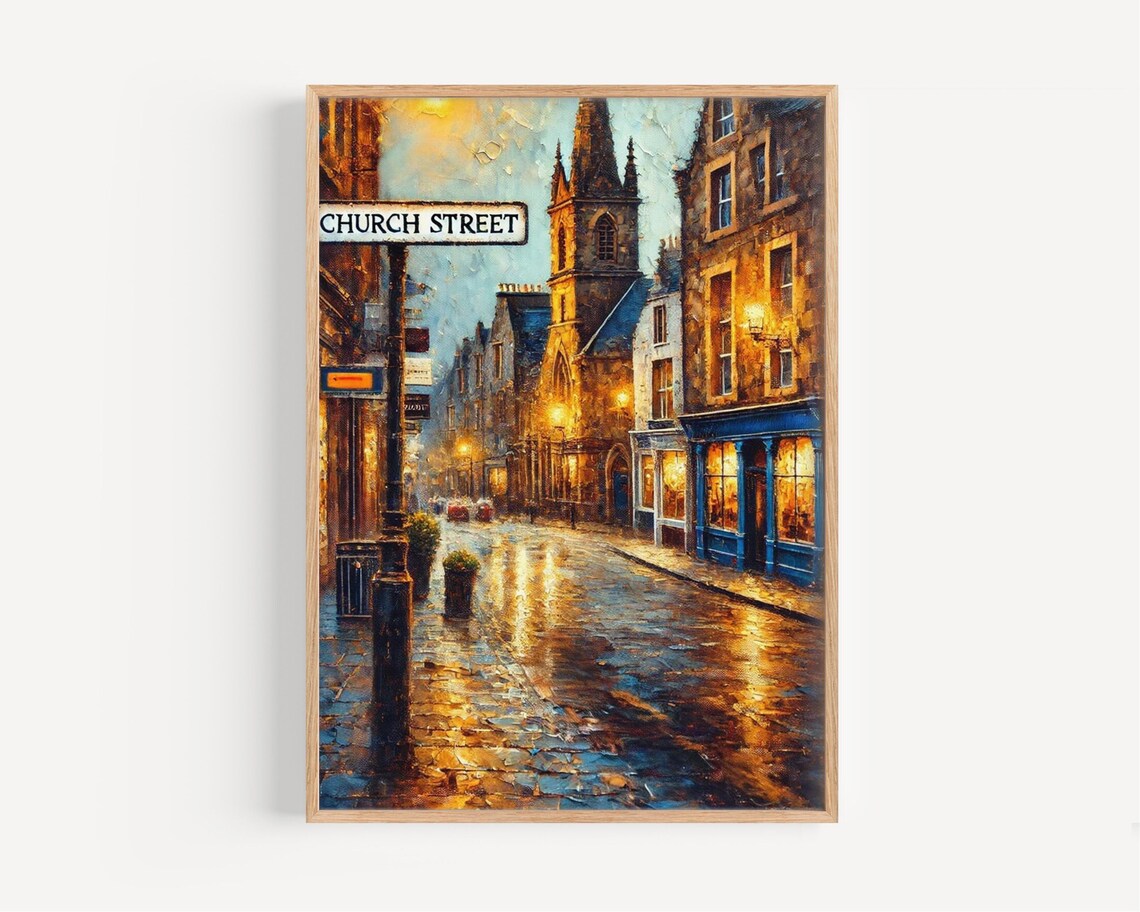 Church Street Inverness Scotland Rainy Night Impasto Painting Poster