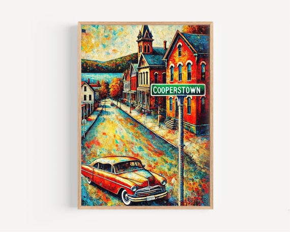 Cooperstown New York Autumn Main Street Classic Car Travel Poster