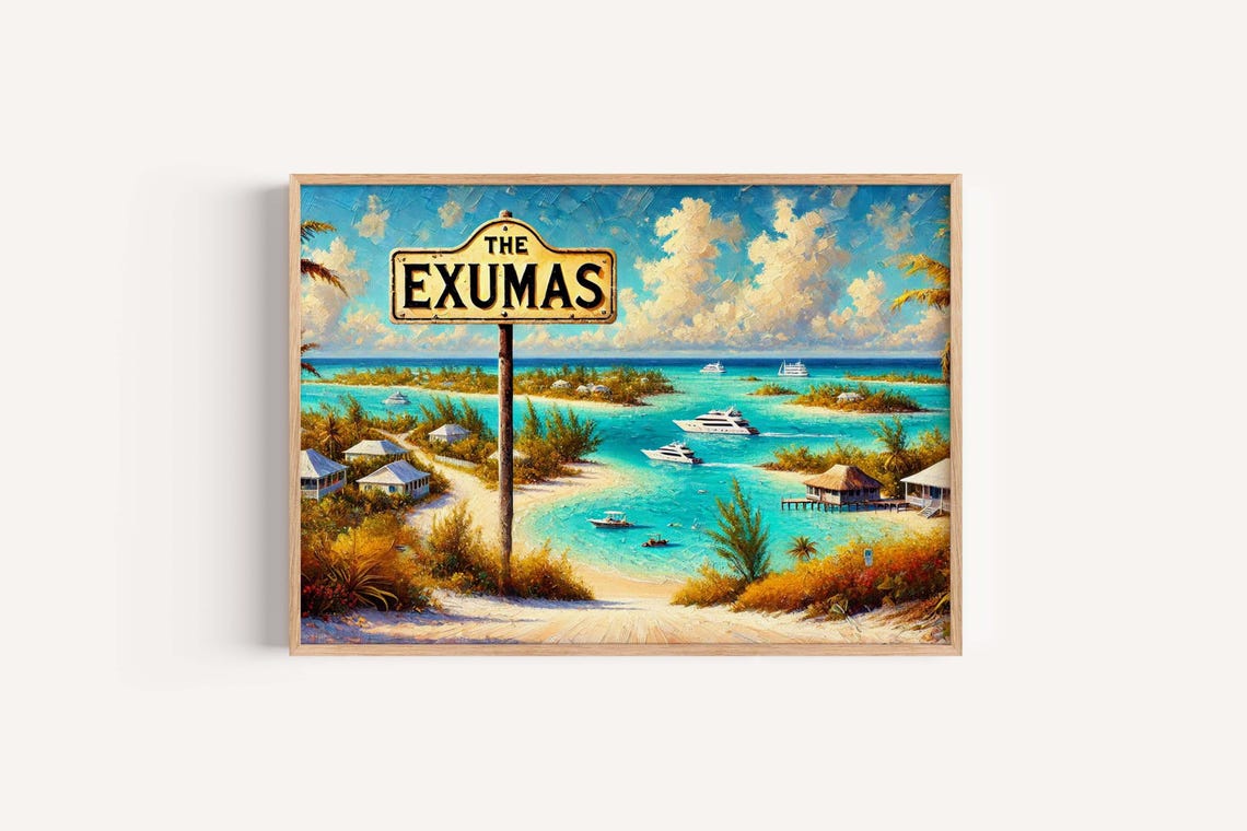 The Exumas Tropical Beach Yachts Turquoise Water Island Sign Poster